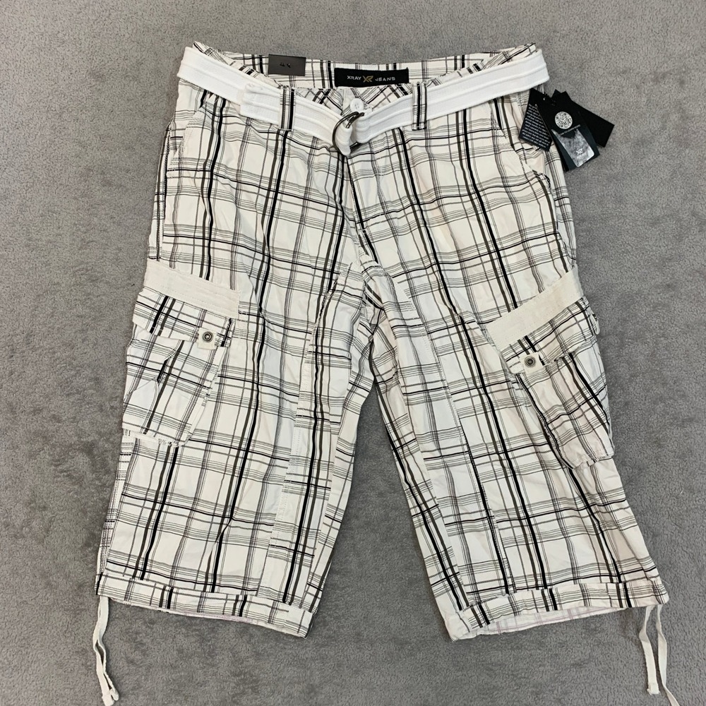 NWT Xray Jeans Plaid Cargo Shorts Men's 36 White Cotton Belted